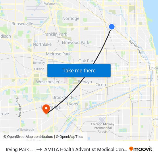 Irving Park (Blue) to AMITA Health Adventist Medical Center La Grange map
