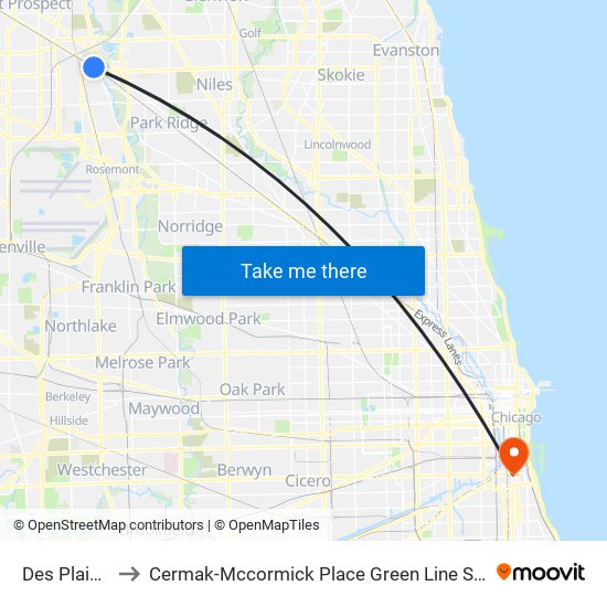 Des Plaines to Cermak-Mccormick Place Green Line Station map