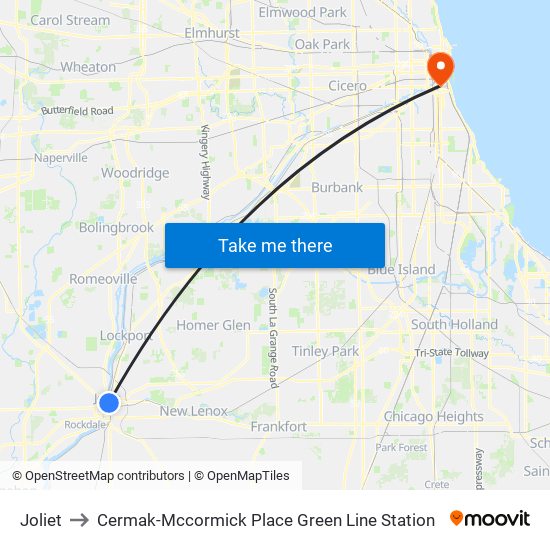Joliet to Cermak-Mccormick Place Green Line Station map