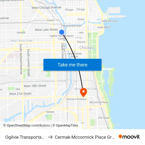 Ogilvie Transportation Center to Cermak-Mccormick Place Green Line Station map