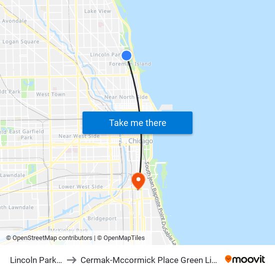 Lincoln Park Zoo to Cermak-Mccormick Place Green Line Station map