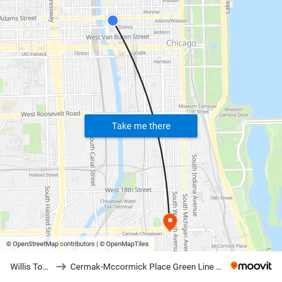 Willis Tower to Cermak-Mccormick Place Green Line Station map