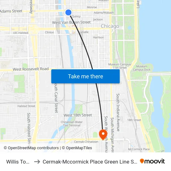 Willis Tower to Cermak-Mccormick Place Green Line Station map