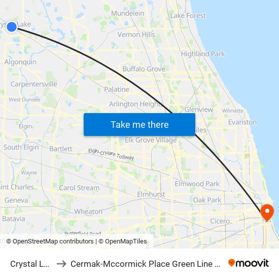 Crystal Lake to Cermak-Mccormick Place Green Line Station map