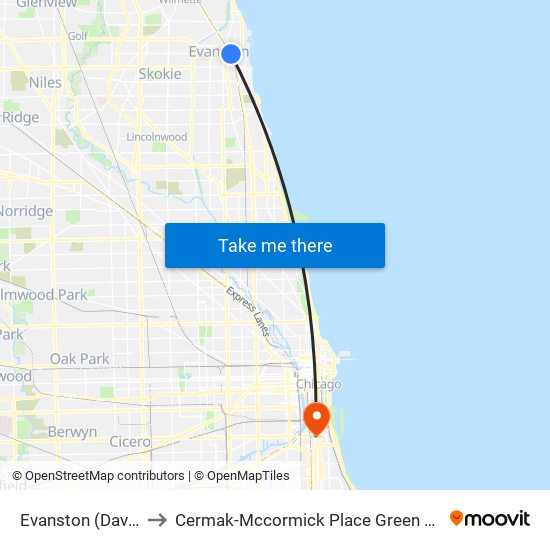 Evanston (Davis St.) to Cermak-Mccormick Place Green Line Station map