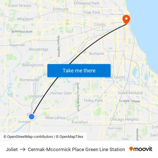 Joliet to Cermak-Mccormick Place Green Line Station map