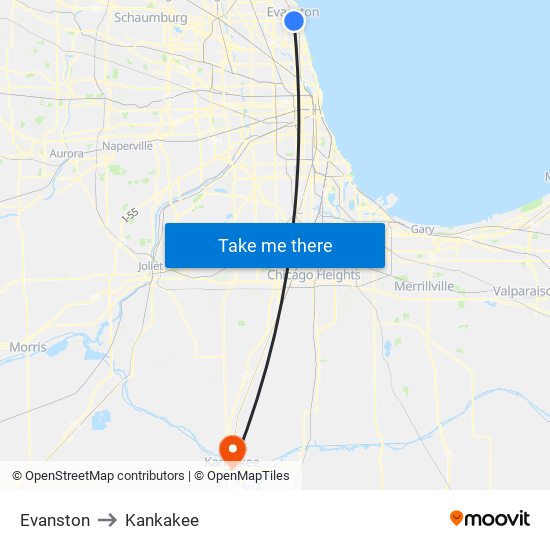 Evanston to Kankakee map