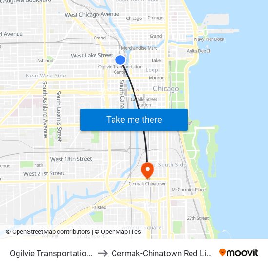 Ogilvie Transportation Center to Cermak-Chinatown Red Line Station map