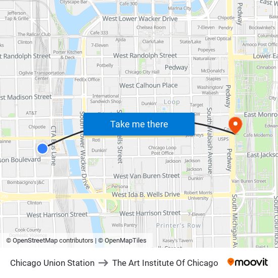 Chicago Union Station to The Art Institute Of Chicago map