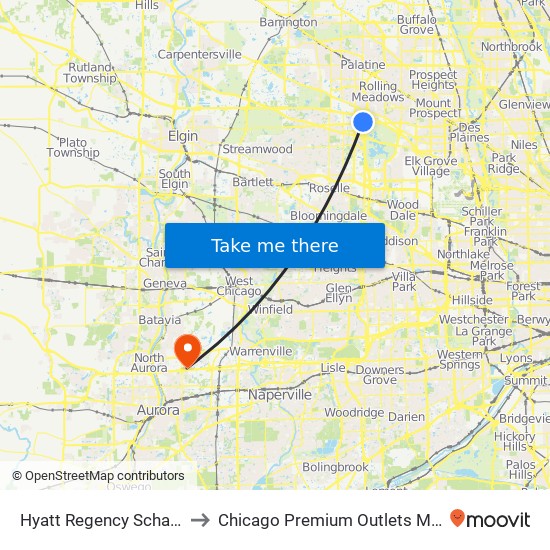 Hyatt Regency Schaumburg, Chicago to Chicago Premium Outlets Mall Management Office map