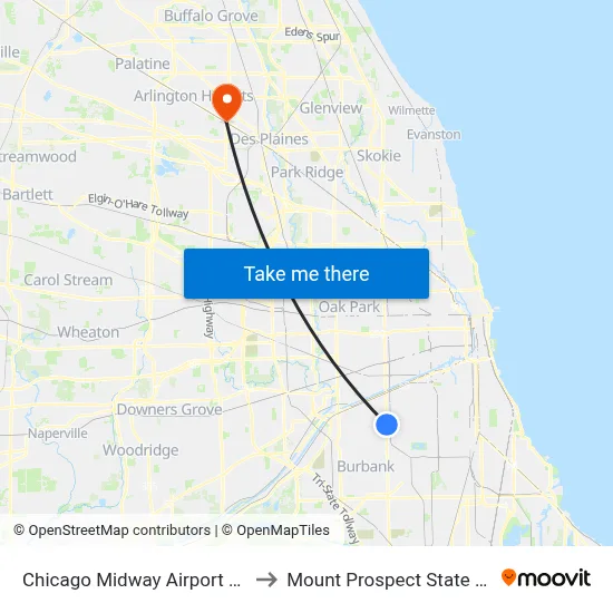 Chicago Midway Airport MDW to Mount Prospect State Bank map