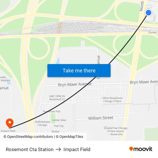 Rosemont Cta Station to Impact Field map