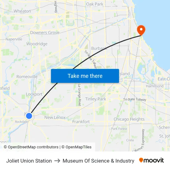 Joliet Union Station to Museum Of Science & Industry map