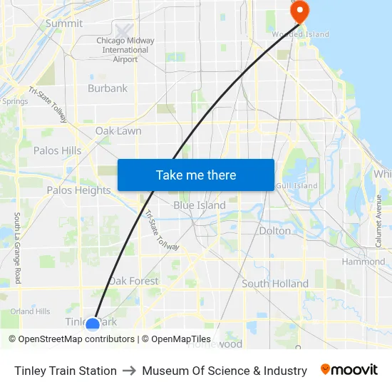 Tinley Train Station to Museum Of Science & Industry map