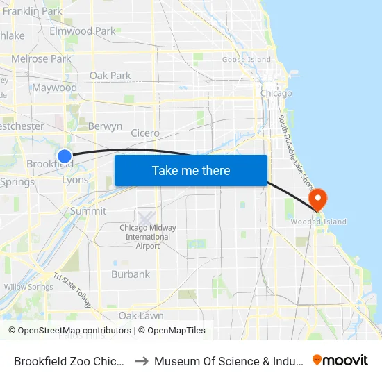 Brookfield Zoo Chicago to Museum Of Science & Industry map
