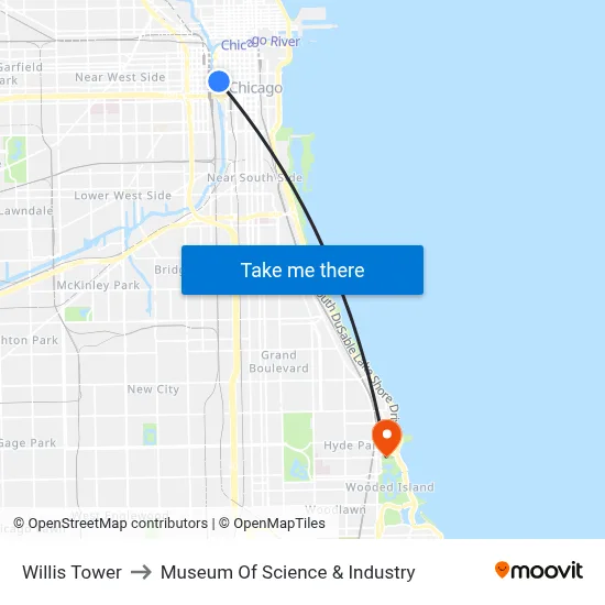 Willis Tower to Museum Of Science & Industry map