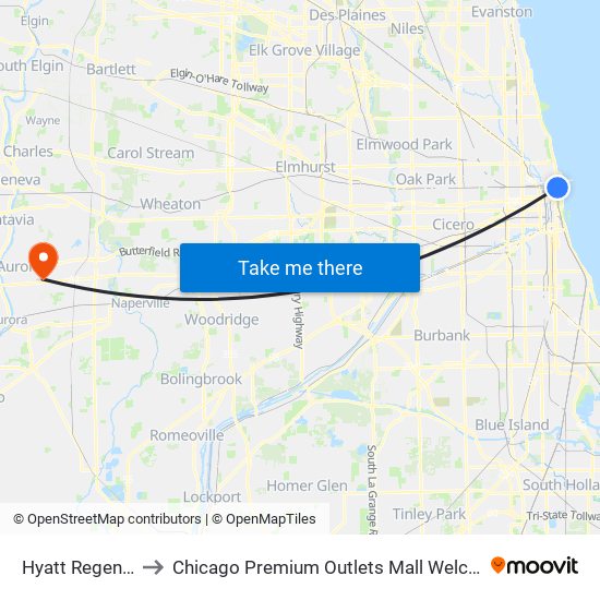 Hyatt Regency Chicago to Chicago Premium Outlets Mall Welcome And Information Office map