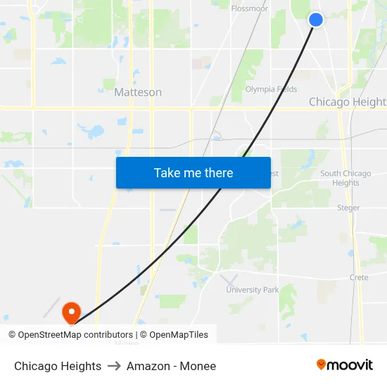 Chicago Heights to Amazon - Monee map