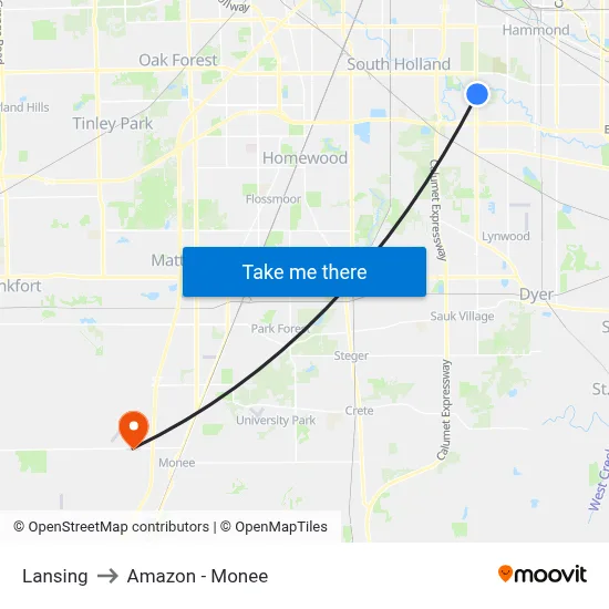 Lansing to Amazon - Monee map