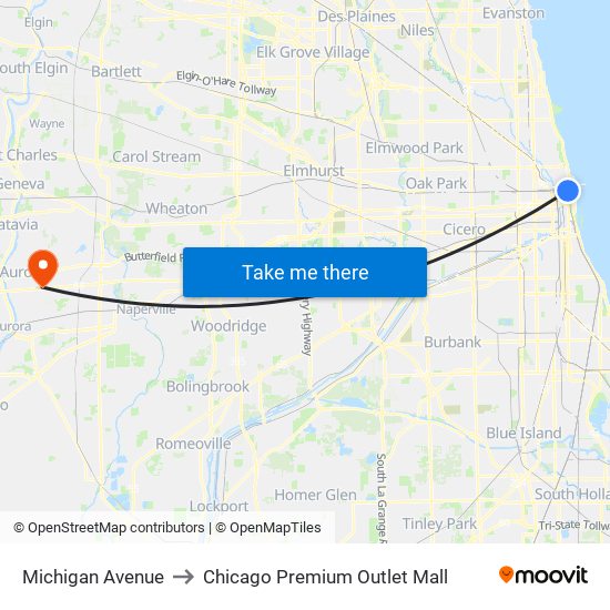 Michigan Avenue to Chicago Premium Outlet Mall map