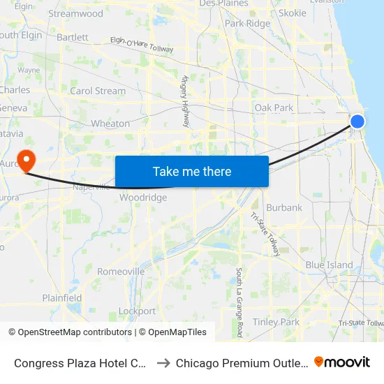 Congress Plaza Hotel Chicago to Chicago Premium Outlet Mall map