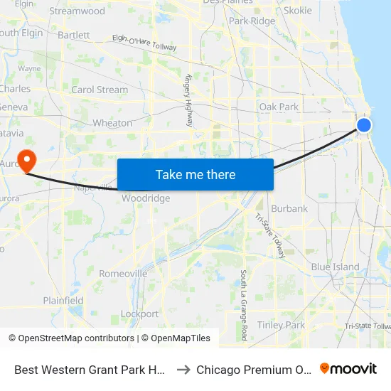 Best Western Grant Park Hotel Chicago to Chicago Premium Outlet Mall map