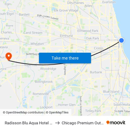 Radisson Blu Aqua Hotel Chicago to Chicago Premium Outlet Mall map