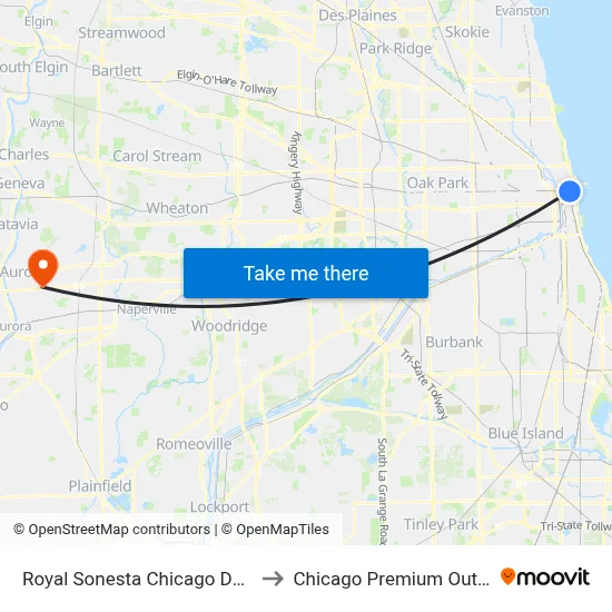 Royal Sonesta Chicago Downtown to Chicago Premium Outlet Mall map