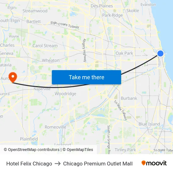Hotel Felix Chicago to Chicago Premium Outlet Mall map