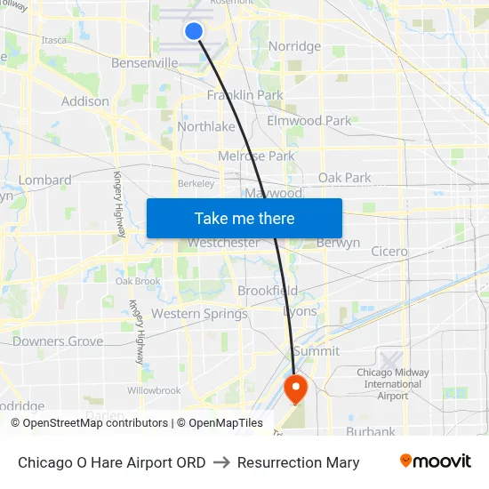 Chicago O Hare Airport ORD to Resurrection Mary map