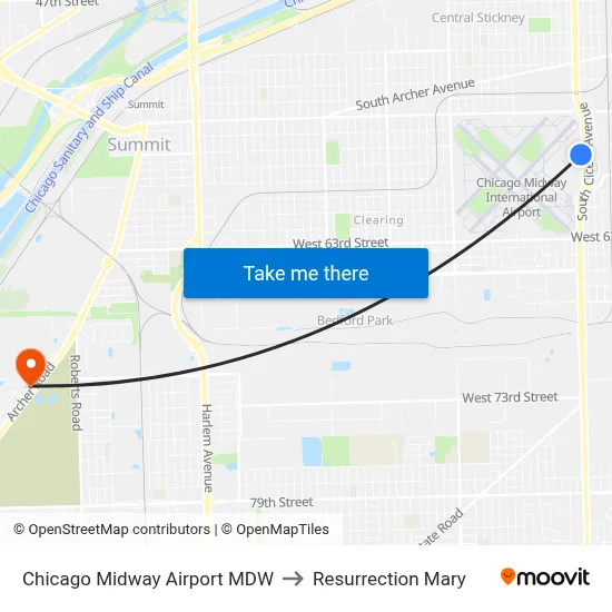 Chicago Midway Airport MDW to Resurrection Mary map