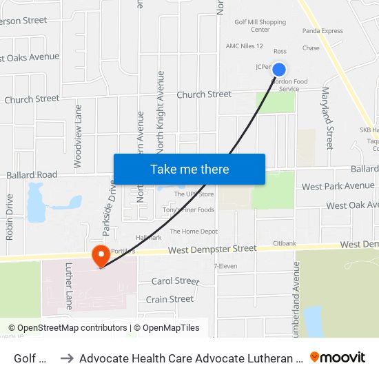Golf Mill Station to Advocate Health Care Advocate Lutheran General Hopsital Advocate Children's Hospital map
