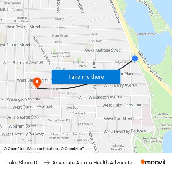 Lake Shore Drive & Belmont (South) to Advocate Aurora Health Advocate Health Care Advocate Illinois Masonic Medical Center map