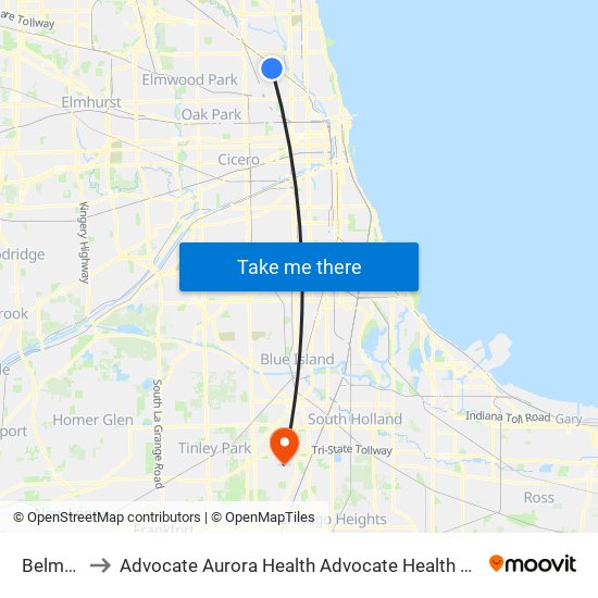 Belmont-Blue to Advocate Aurora Health Advocate Health Care Advocate South Suburban Hospital map