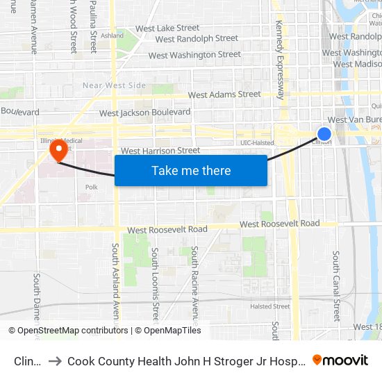 Clinton-Blue to Cook County Health John H Stroger Jr Hospital of Cook County (John H Stroger Jr Hosp Cook Cnty) map