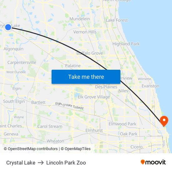 Crystal Lake to Lincoln Park Zoo map