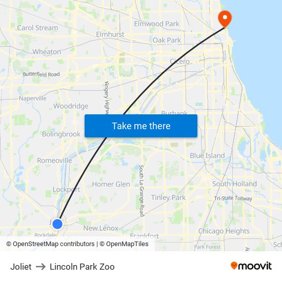 Joliet to Lincoln Park Zoo map