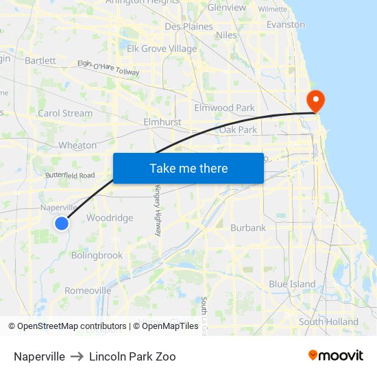 Naperville to Lincoln Park Zoo map