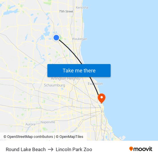 Round Lake Beach to Lincoln Park Zoo map