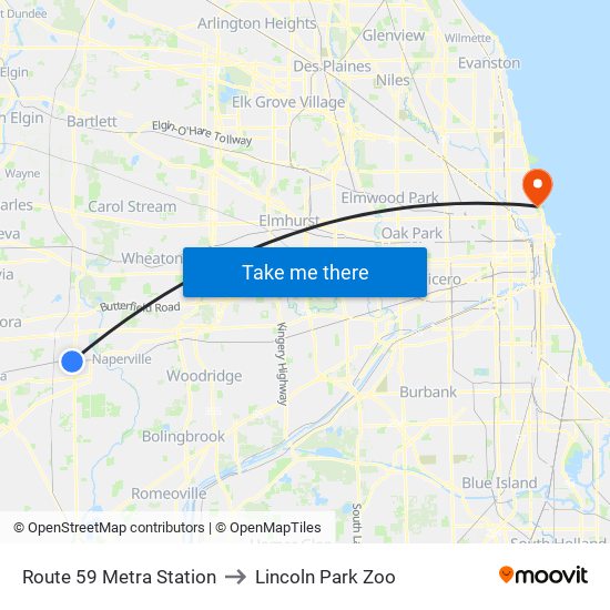 Route 59 Metra Station to Lincoln Park Zoo map