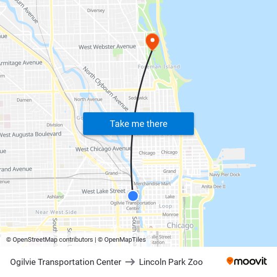 Ogilvie Transportation Center to Lincoln Park Zoo map