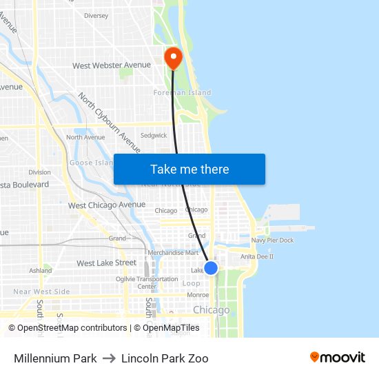 Millennium Park to Lincoln Park Zoo map