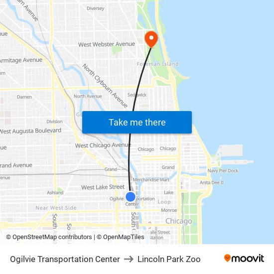 Ogilvie Transportation Center to Lincoln Park Zoo map
