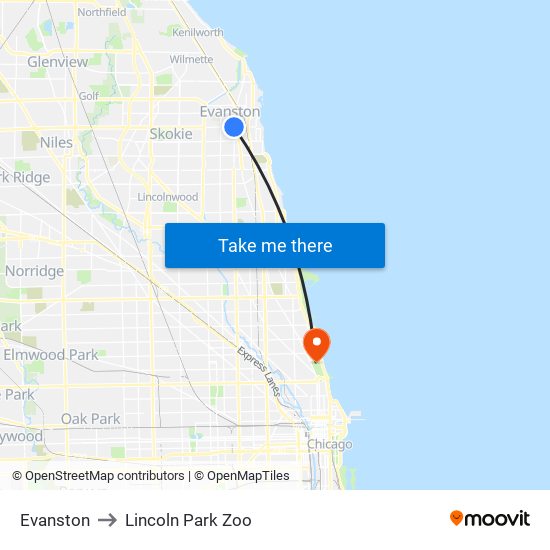 Evanston to Lincoln Park Zoo map