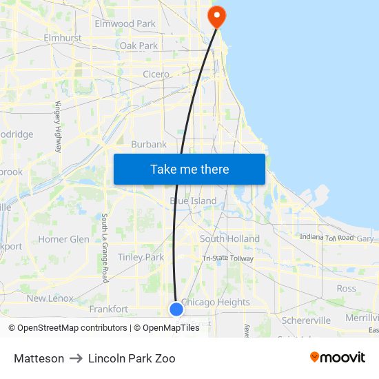 Matteson to Lincoln Park Zoo map