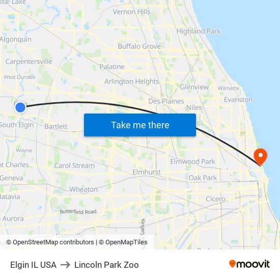 Elgin IL USA to Lincoln Park Zoo map