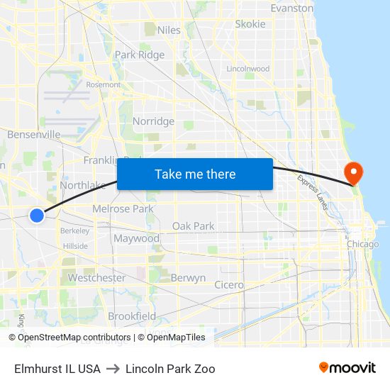 Elmhurst IL USA to Lincoln Park Zoo map