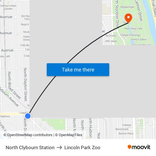 North Clybourn Station to Lincoln Park Zoo map