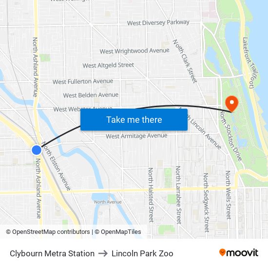 Clybourn Metra Station to Lincoln Park Zoo map