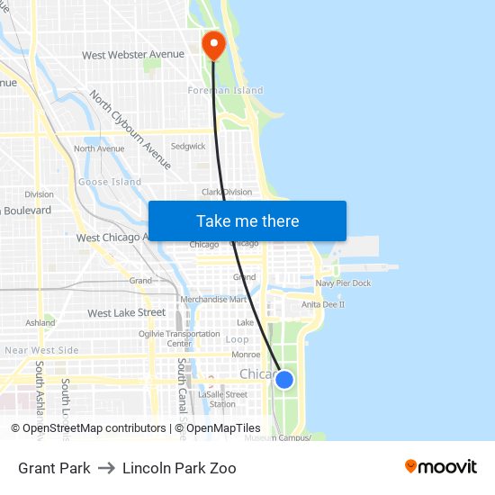 Grant Park to Lincoln Park Zoo map